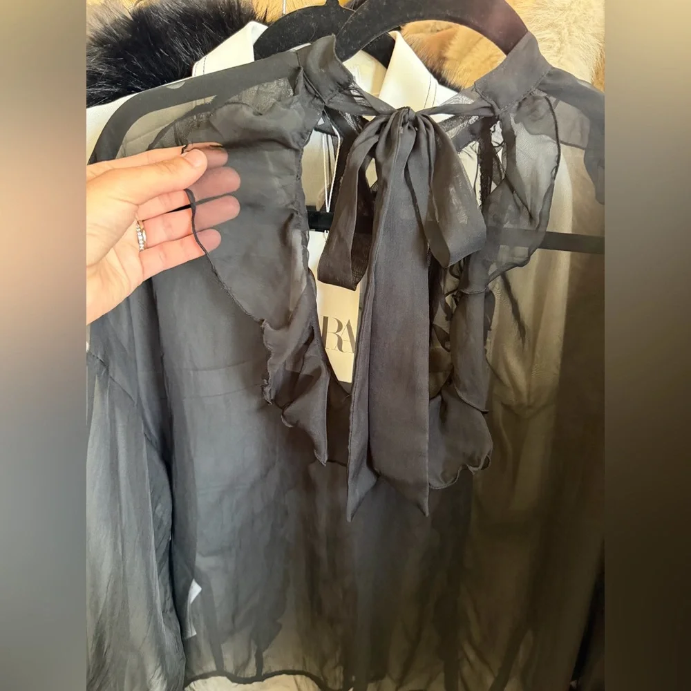 Zara NWT black ruffle long sleeve sheer mesh blouse - Picture 5 of 10